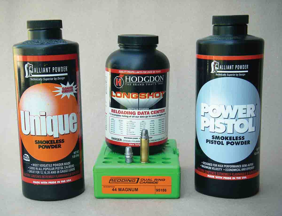 Alliant Unique, Power Pistol and Hodgdon Longshot powders are excellent choices for midrange cast bullet loads in the .44 Magnum.